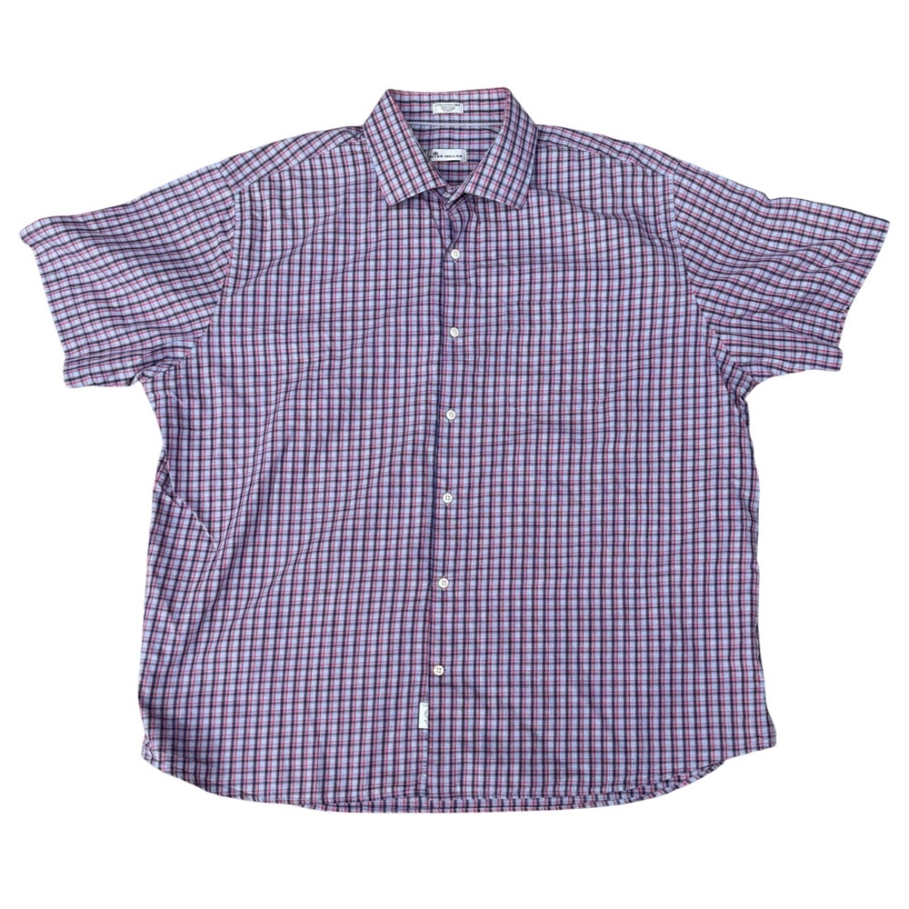 Men's Peter Millar Button Down Shirt XXL Red Blue Plaid Short Sleeve Preppy polo
